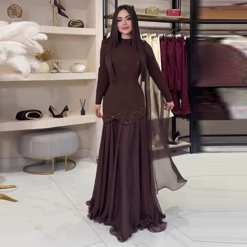 2026 New Women's Fashion European and American Amazon Cross-Border Foreign Trade Dark Brown Waist-Cinching Elegant Rhinestone-Embellished Dress Set