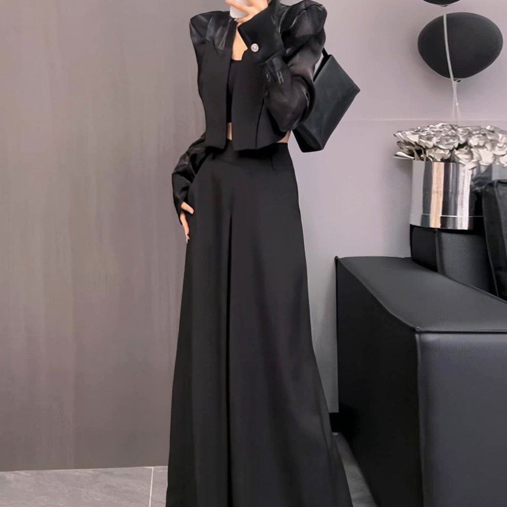 New Style Long-Sleeved Sun Protection Short Jacket for Women, Spring Fashion New High-Waisted Slimming Wide-Leg Pants and Skirt Two-Piece Set