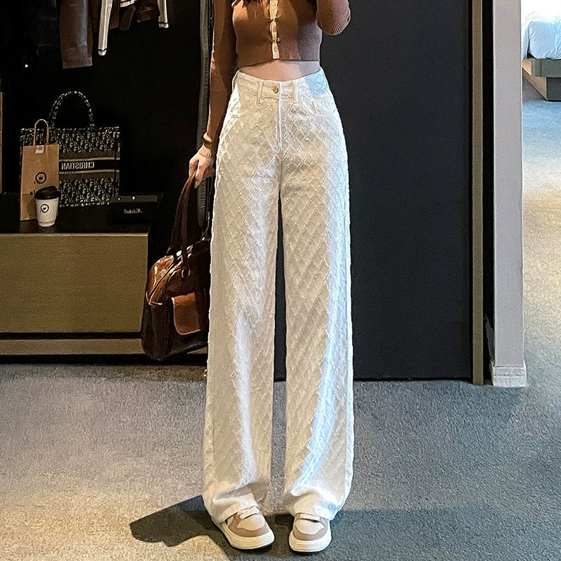 White Jeans Women's Narrow Straight Long Pants Spring Woven Wide Leg Pants High Waist Loose Casual Pants