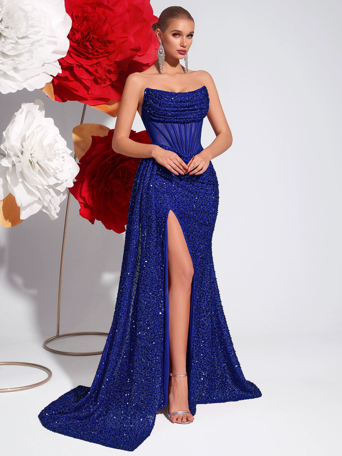 New Sequined Tube Top Slimming Look Evening Dress High Slit Model Catwalk Banquet Accessible Luxury Party Dress