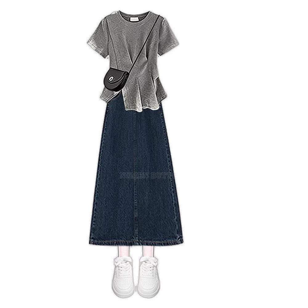 Plus-Size Summer Lazy Style Outfit for Women, Unique Casual T-Shirt Paired with Slimming Retro Denim Skirt Two-Piece Set