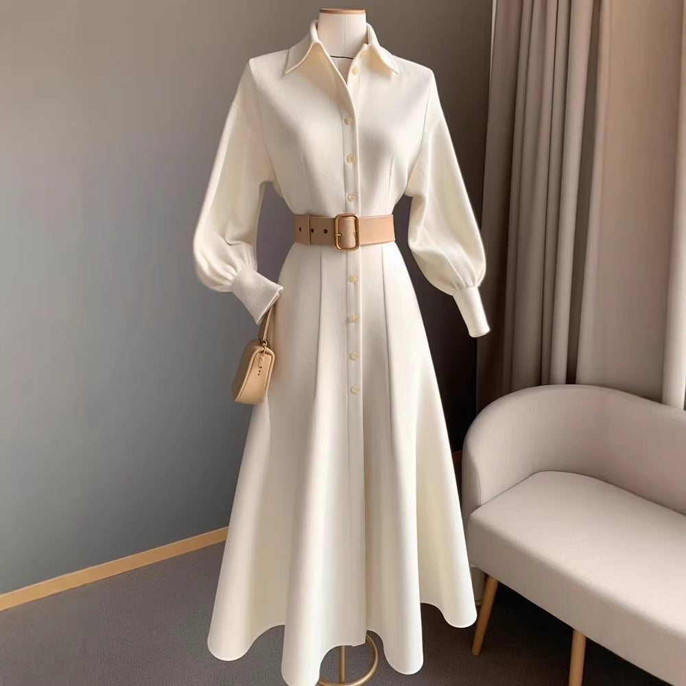 High-End, Stylish, and Fashionable White Dress for Commuting, Korean Style, New Autumn and Winter Model, Waist-Cinching, Slimming Shirt-Style A-Line Dress