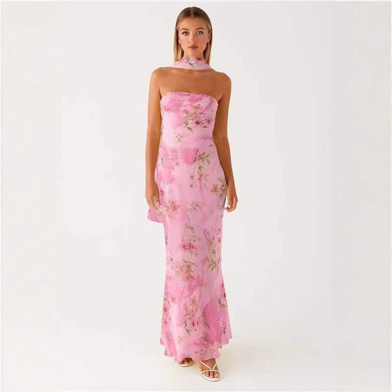 Tea Break Beautiful French Style Elegant Floral Multi-color Sling Seaside Holiday Fishtail dress Tight Waist Sanya Slimming Sand