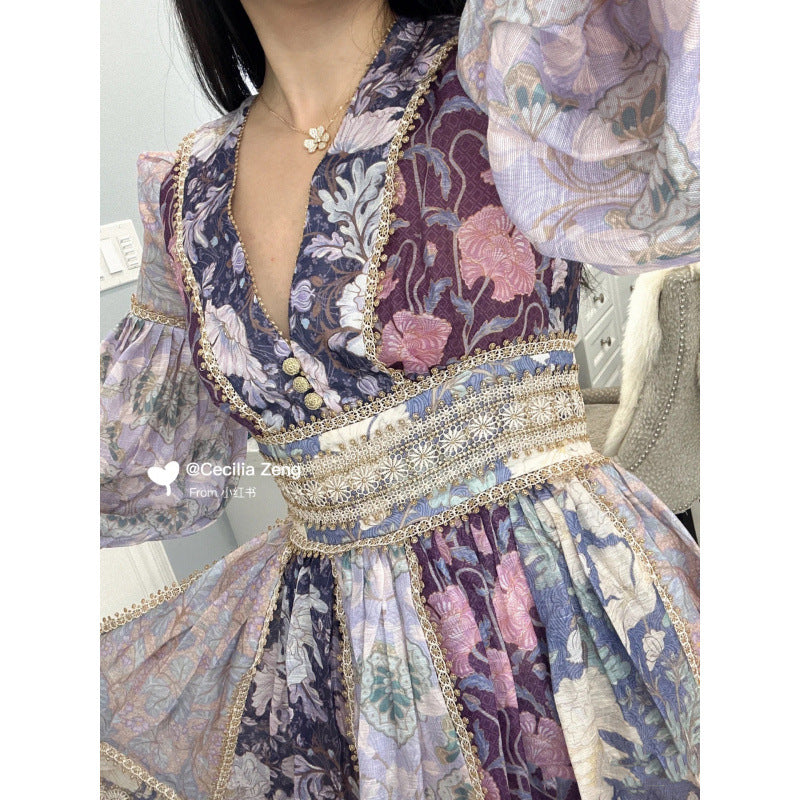 Large Quantity of Australian Vintage Printed Heavy Embroidery Lace Patchwork Lantern Sleeve Flared Dress Umbrella Skirt for Women
