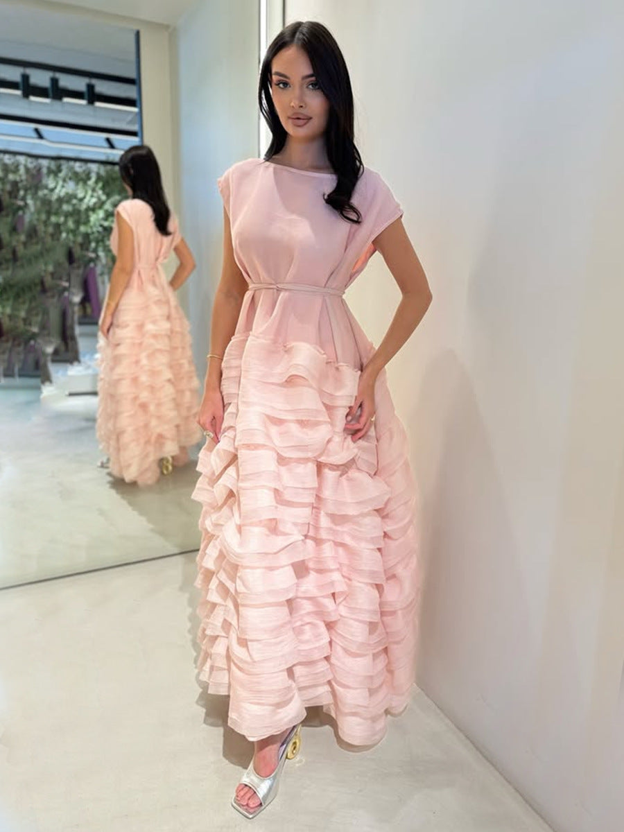 Fresh and Sweet Style Dress 2025 New Classic Round Neck Short-Sleeve Waist-Cinching Slimming Multi-Layer Ruffle Long Dress