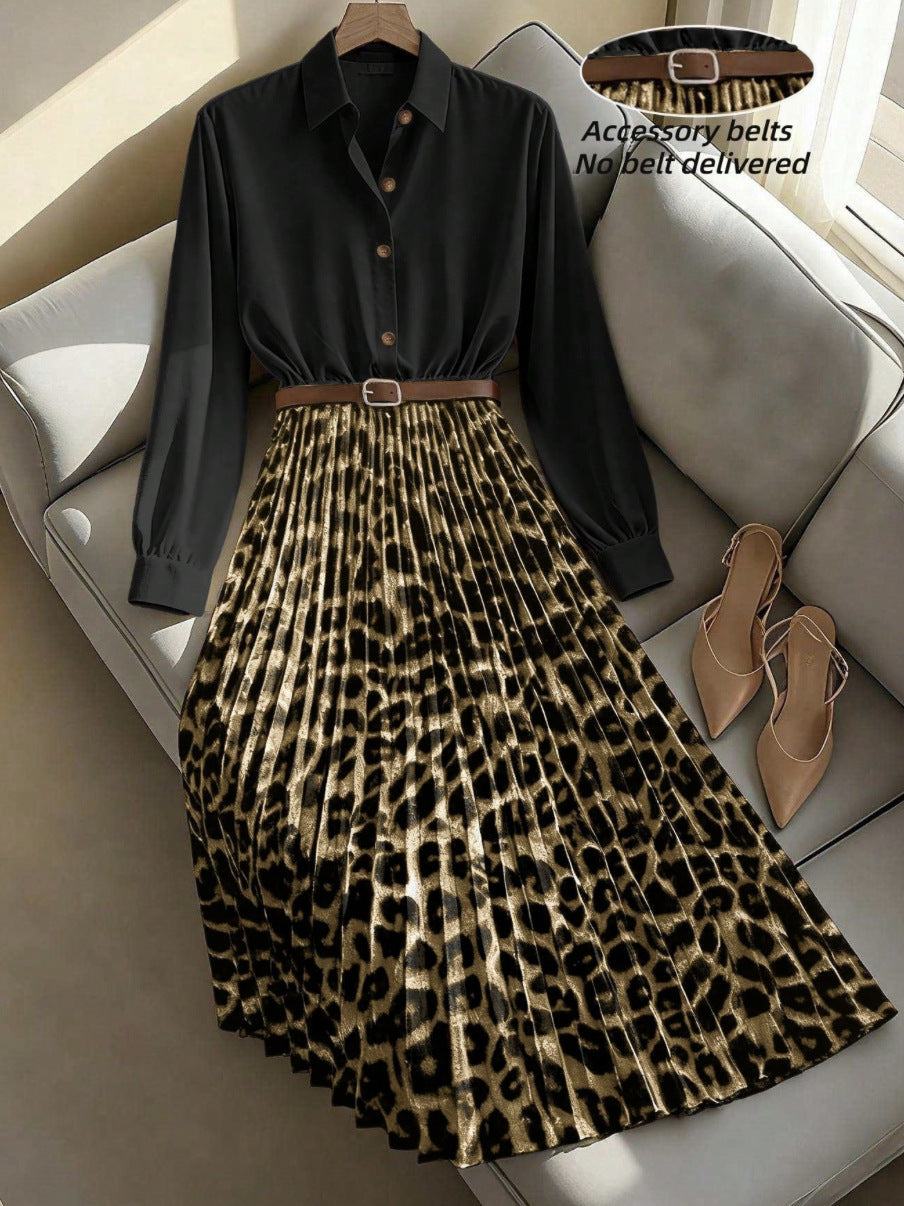 In-Stock 2026 New Cross-Border Dropshipping Women's Elegant Leopard Print Patchwork Pleated Skirt H Version Waist-Slimming Dress