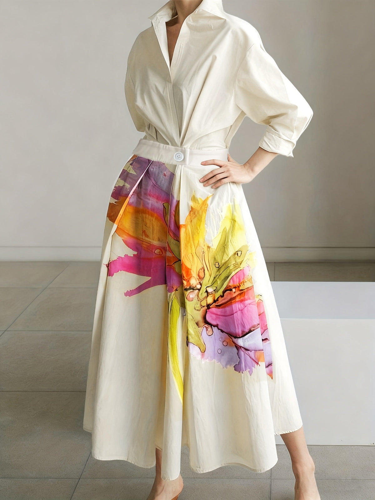 Korean-Style Niche Resort-Style Celebrity-Style Printed Long Dress, Cute and Trendy Outfit, Long-Sleeved Dress