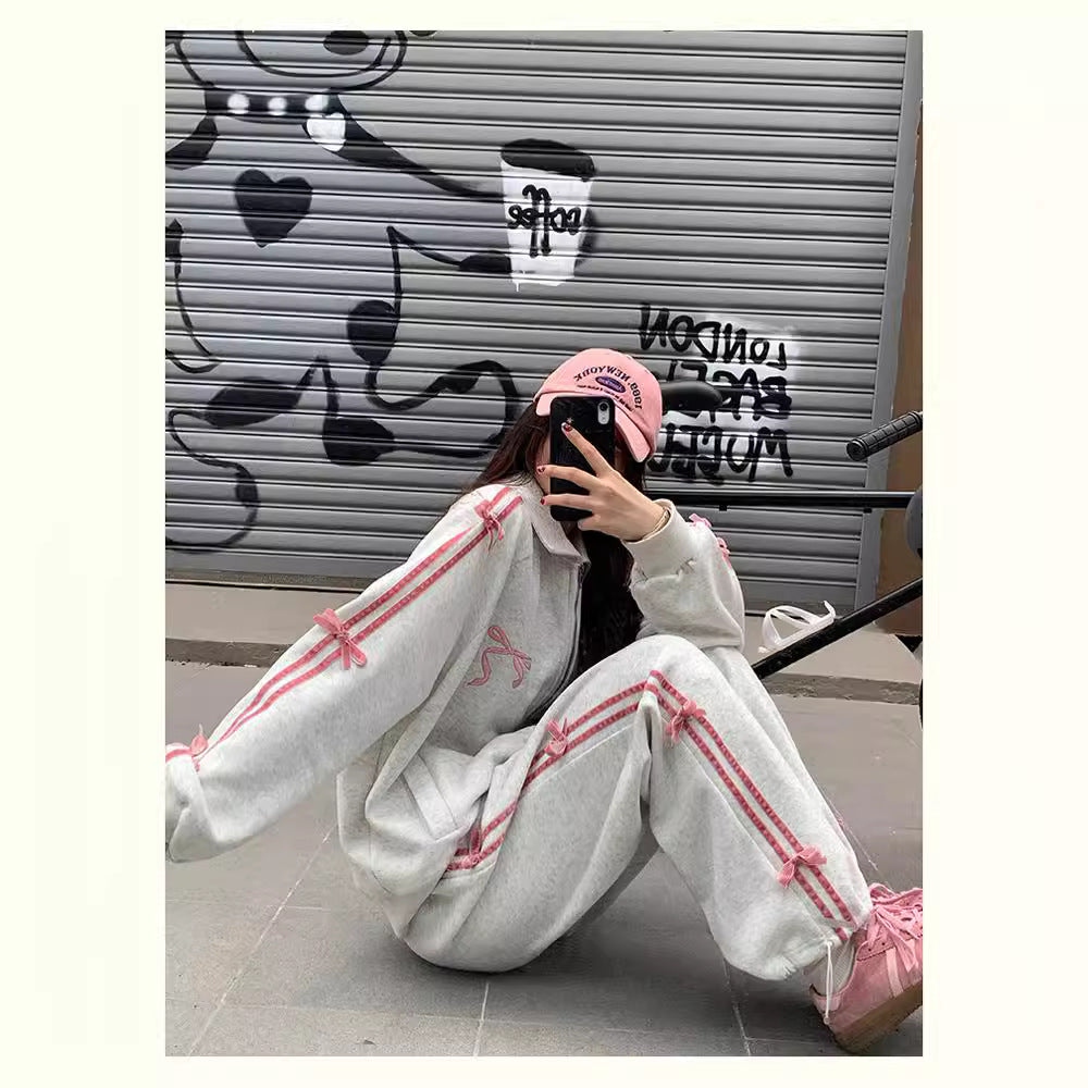 Hua Mian Academy Style Early Spring Wear Set 2024 New Bow Sports Casual Sweatshirt Coat Women's Straight Pants