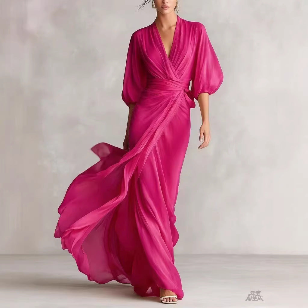2026 European and American Amazon Socialite Deep V-Neck Long Dress with Lantern Sleeves and Cinched Waist for Romantic Autumn Banquets
