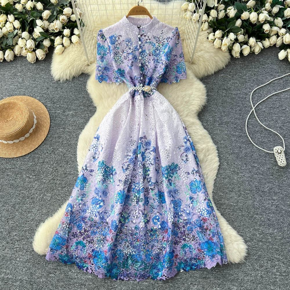 Cross-Border Style Elegant Dress for Women with a High-End Feel, Tie-Waist, Five-Quarter Sleeves, Hollow-Out Crochet Lace, Printed Large Hem Long Dress