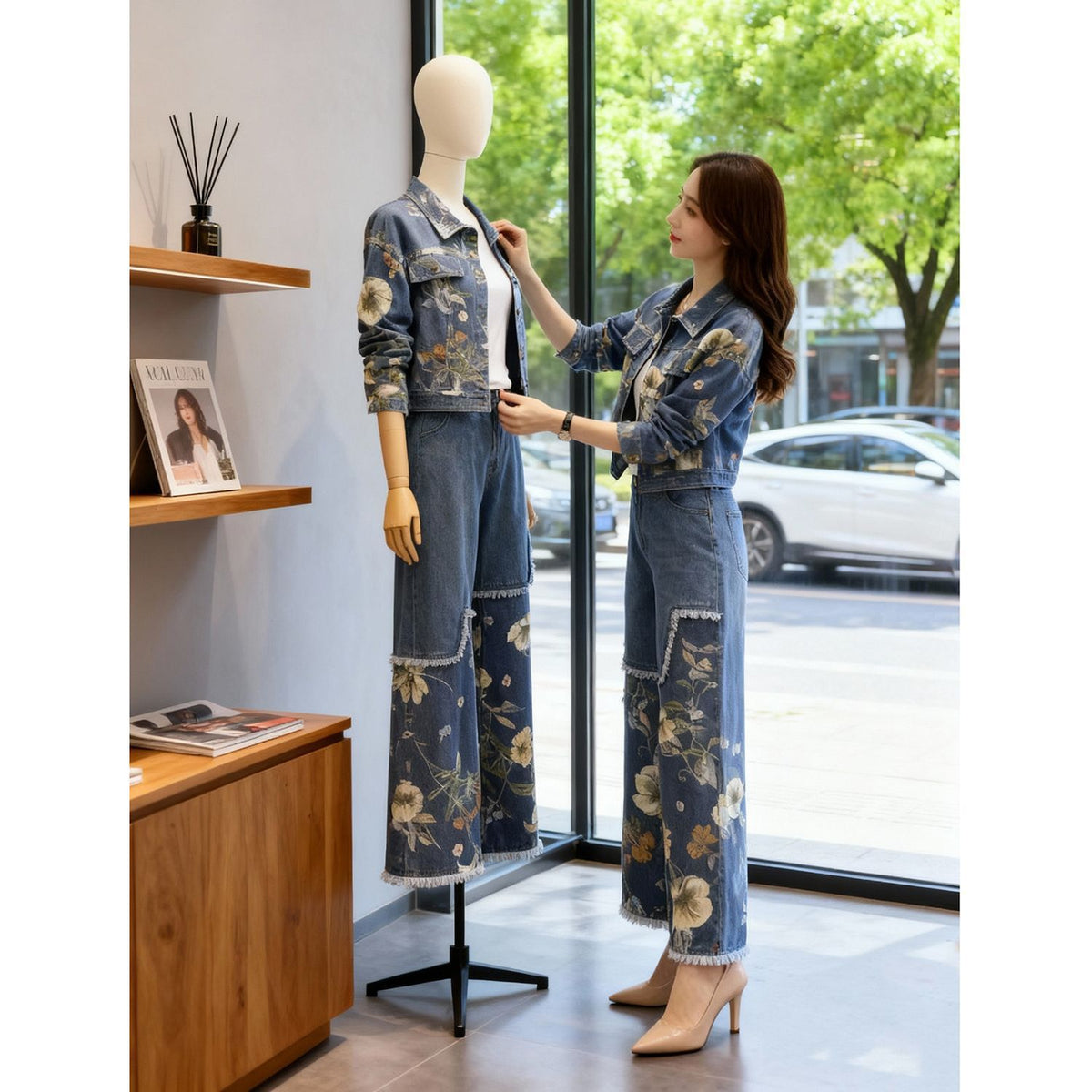 Spring and Autumn Casual Professional Fashion Suit 2025 New Women's Fashionable Slim Denim Wide Leg Pants Two-Piece Set Trendy