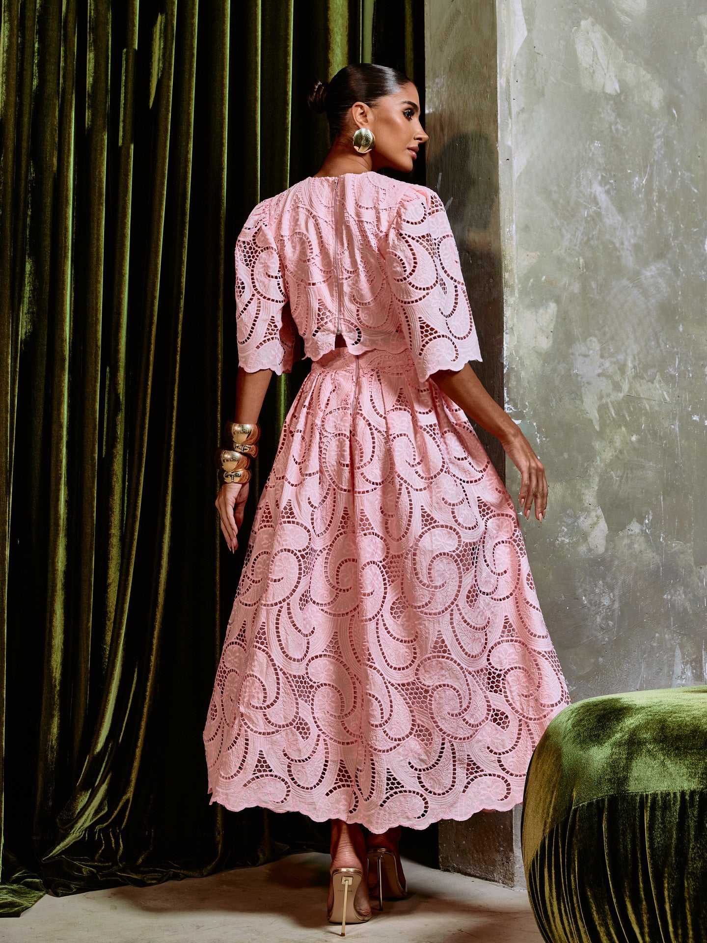 French Palace-Style Floral Hollow-Out Two-Piece Set 2026 New Model Round-Neck Short-Sleeve Top + High-Waisted Skirt