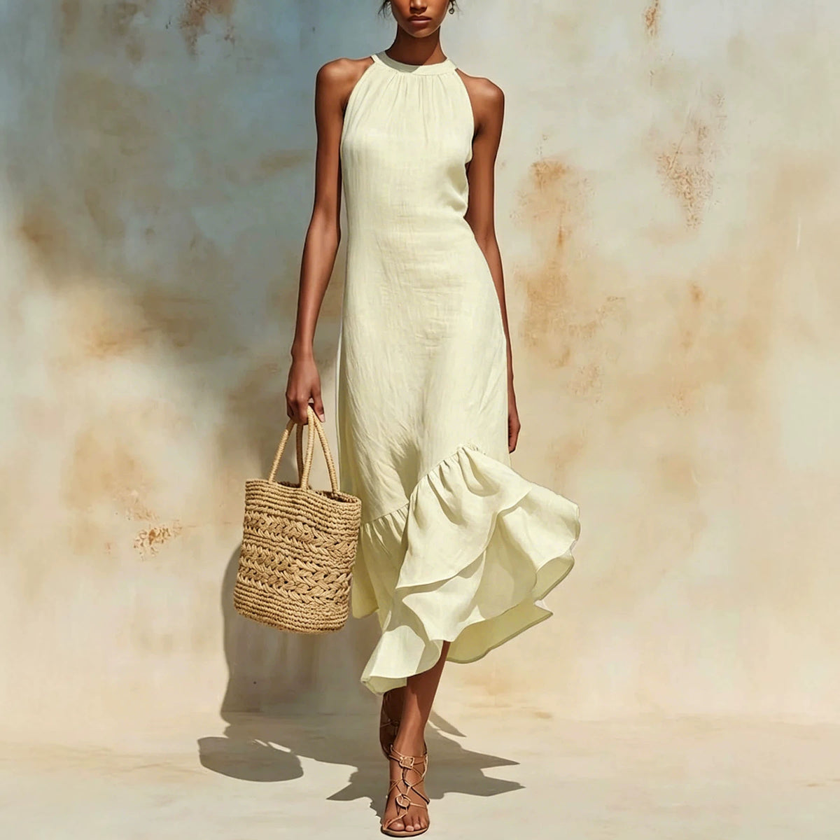 Disney-Inspired 2026 Summer European-Style Sleeveless Linen-Cotton Maxi Dress with Irregular Ruffle Fishtail Hem