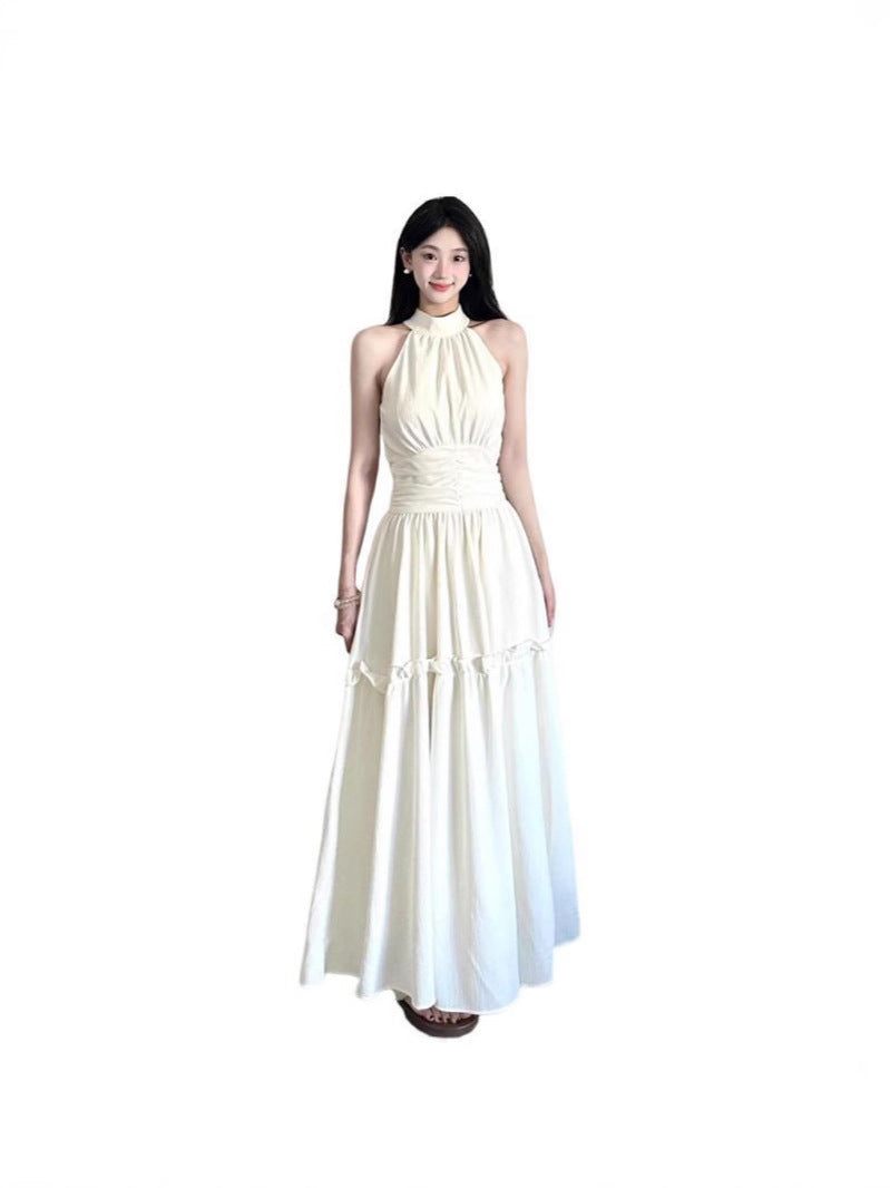 Seaside Resort Style White Sleeveless Halterneck Dress Women's Summer Design Waist Slimming Long Skirt