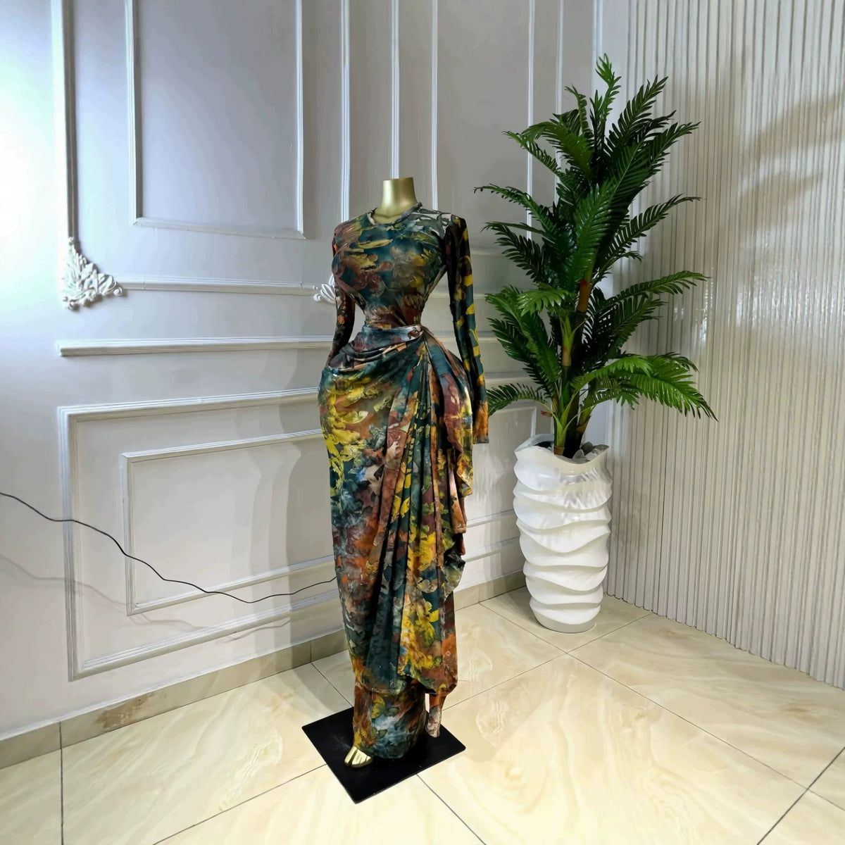 In-Stock 2026 Spring/Summer Cross-Border Ins European and American Style Printed Long Sleeve Ruched Dress Elegant Vacation Long Dress