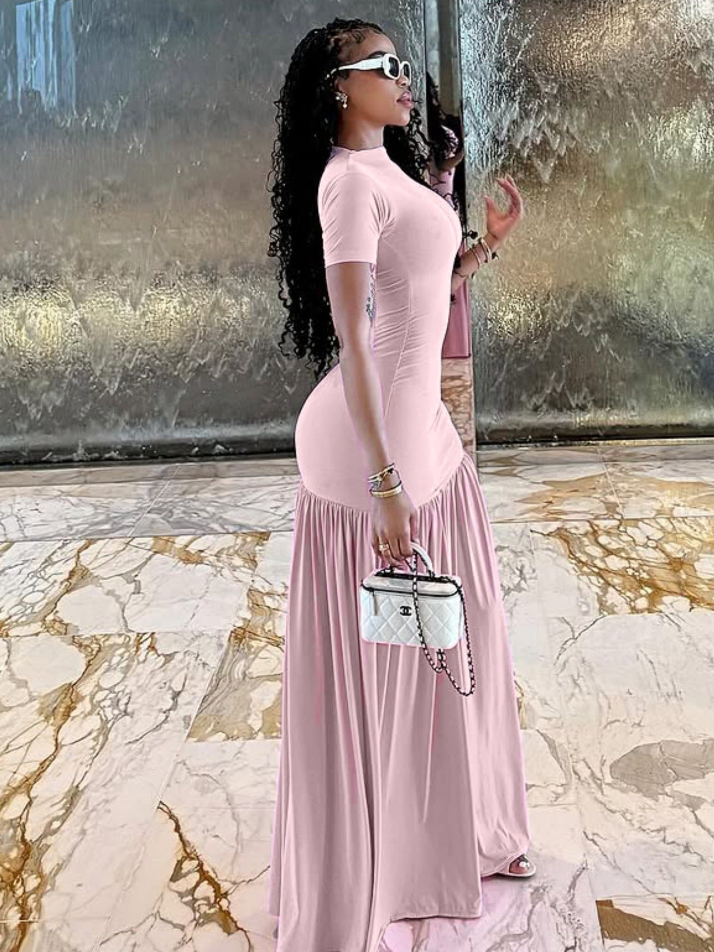 2025 European and American Style Cross-Border Foreign Trade Women's Skirt Fashionable Elegant Round Neck Slim Slit Splicing Dress Women's Summer