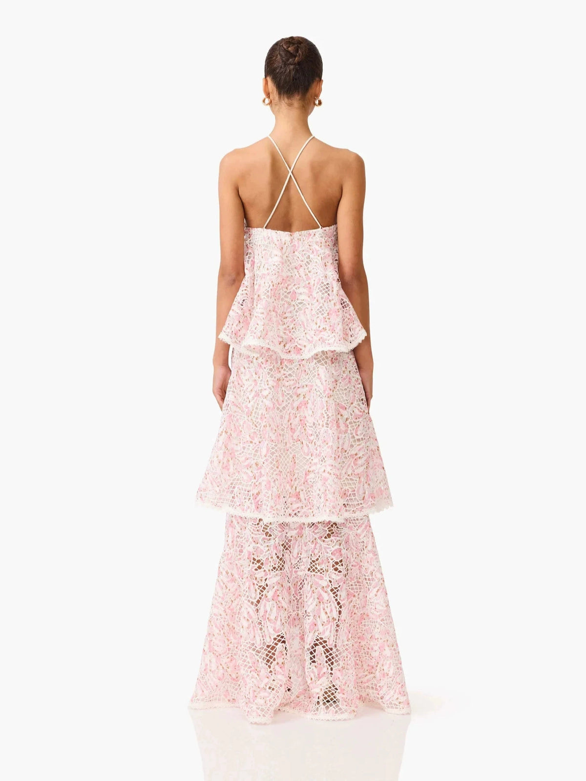 2026 New Cross-Border Style Water-Soluble Embroidery Printed Cake Dress Vacation Style Halter Neck Patchwork Dress Ruffled Long Dress