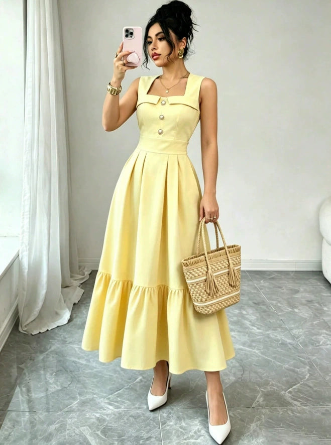 2026 New European and American Style Cream Yellow Square Neck Sleeveless Dress with Pearl Buttons, Waist-Cinching and Pleated Mid-Length Skirt