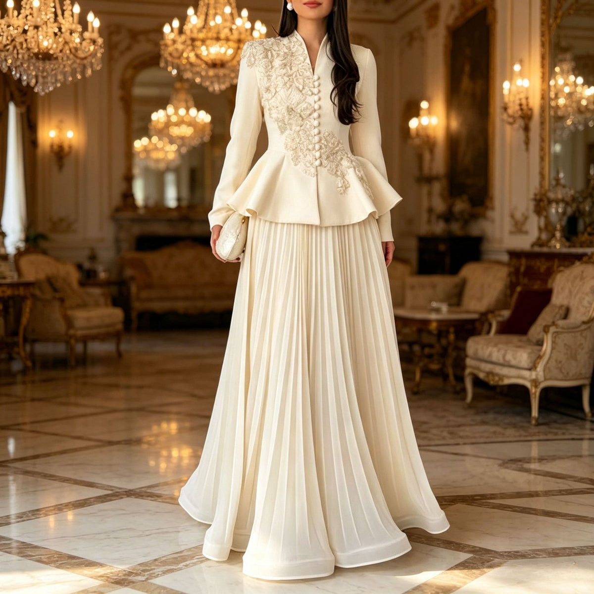 Enchanted Beaded Court-Style Two-Piece Evening Gown with Elegant Back Tie and Pleated Design
