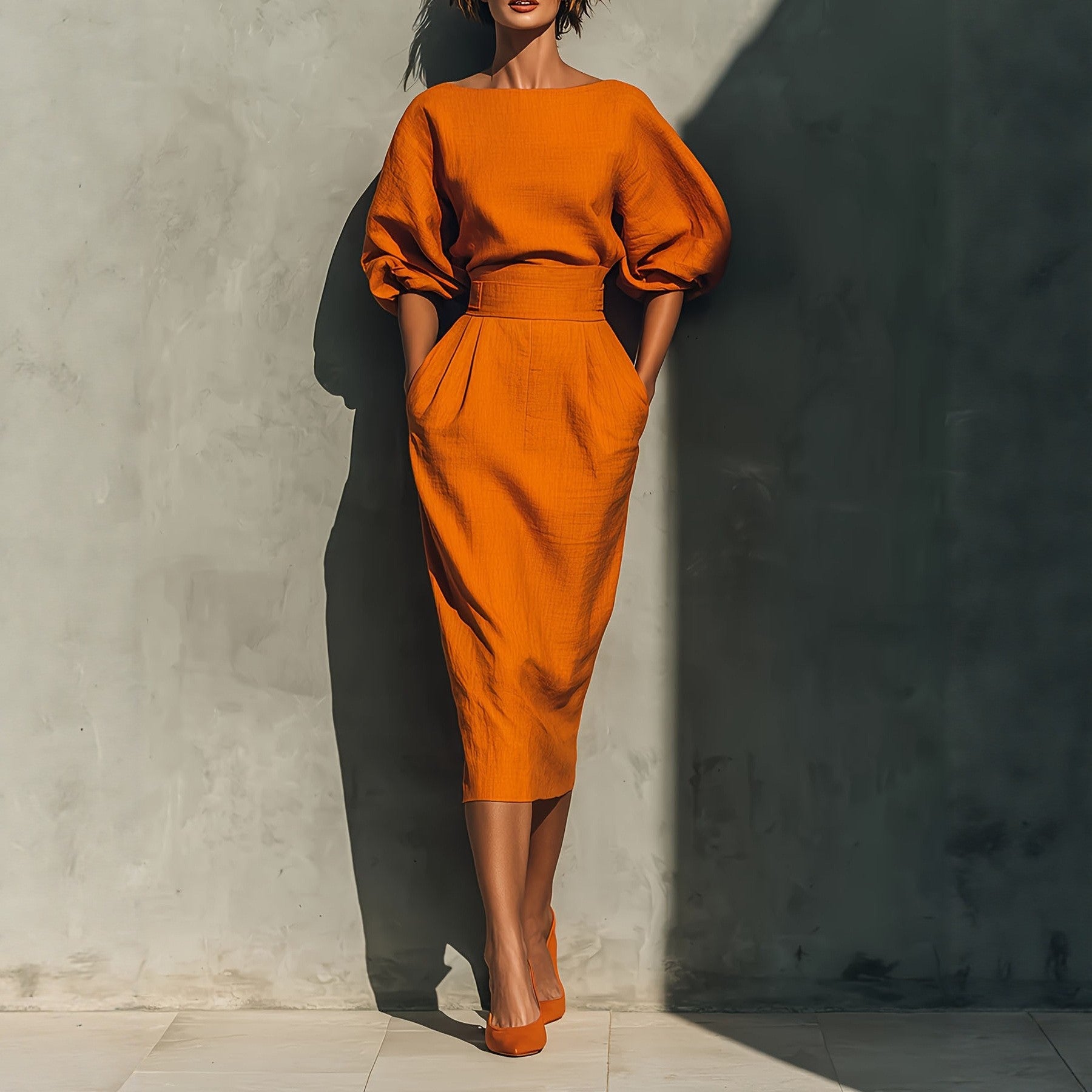 Spring and Autumn Style Women's Elegant Boat-Neck A-Line Dress with Puff-Sleeve Top and High-Waisted Pleated Skirt, Showcasing a Vintage Look