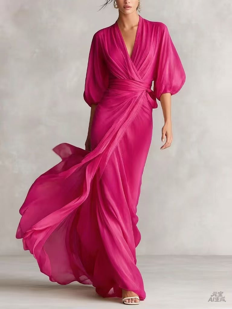 2026 European and American Amazon Socialite Deep V-Neck Long Dress with Lantern Sleeves and Cinched Waist for Romantic Autumn Banquets