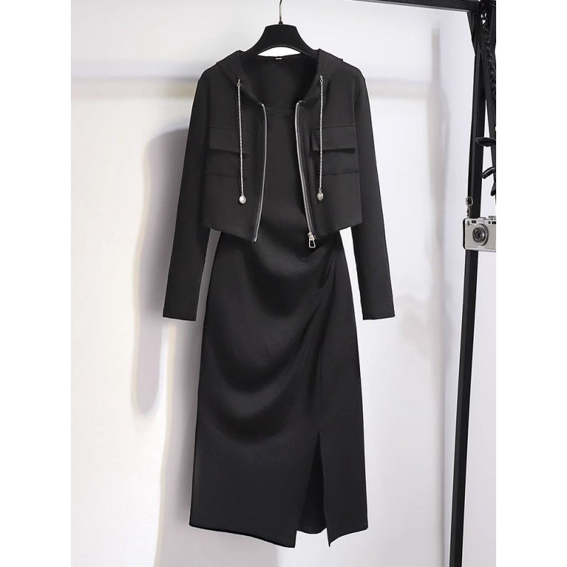 Hooded Long-Sleeved Cardigan Top with Suspender Dress for Women 2024 Spring New Slimming Look Two-Piece Set