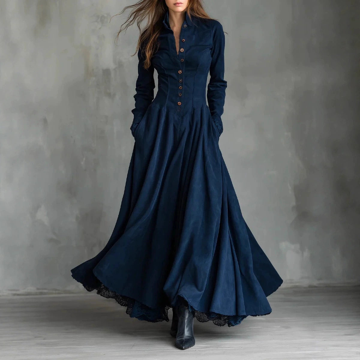 European and American Cross-Border 2025 Independent Site French Retro Style Faux Suede Lace Trim Patchwork Shirt Dress in Stock