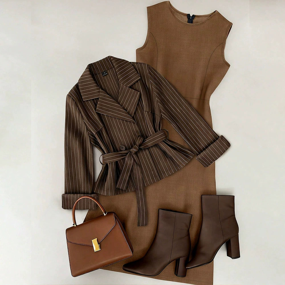 Cross-Border European and American Style 2026 Spring New Women's Two-Piece Set: Tie-Waist Blazer + Solid Color Skirt Set