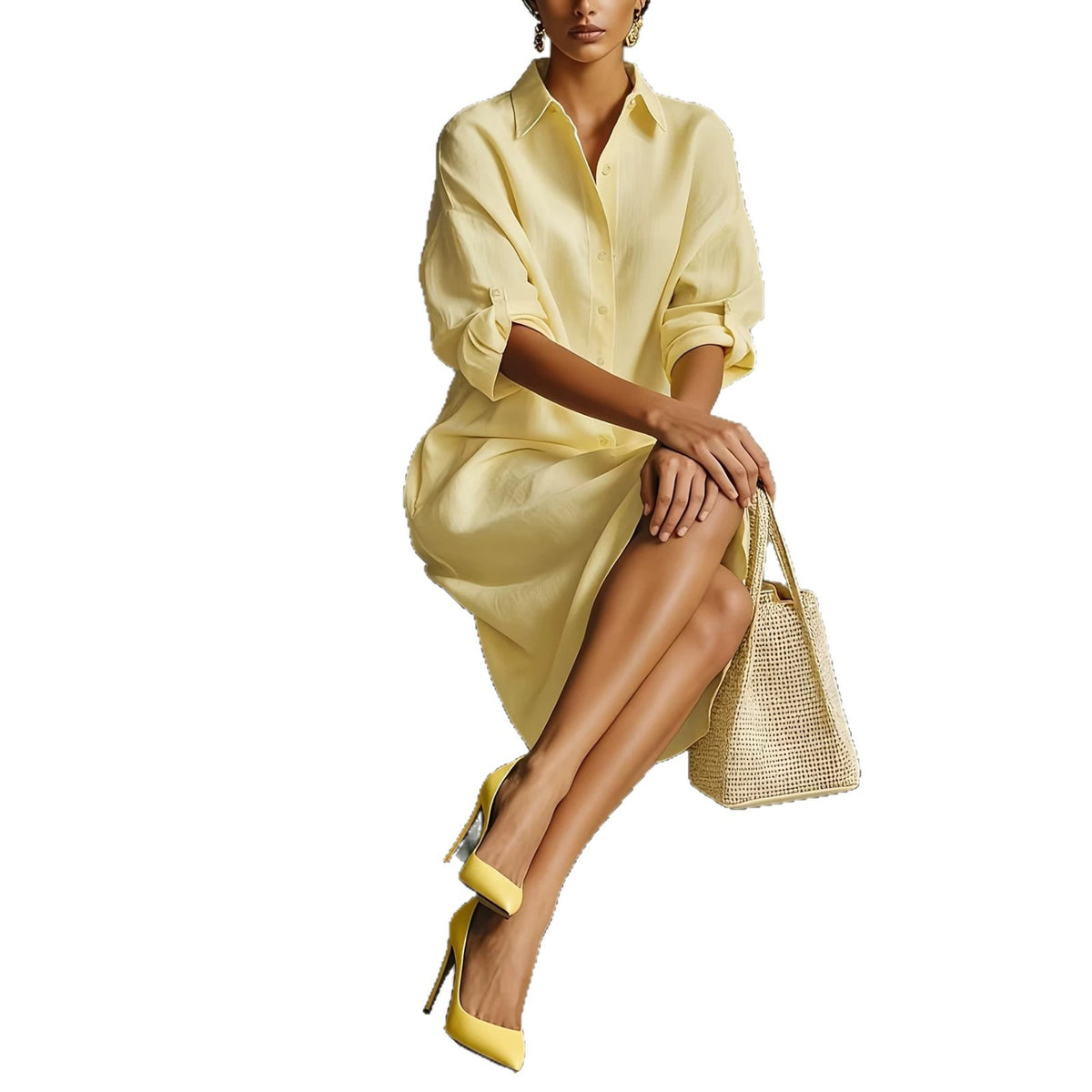 Enchanted 2026 European-Style Oversized Linen Long-Sleeve Shirt Dress with Rolled Cuffs and Side Slits