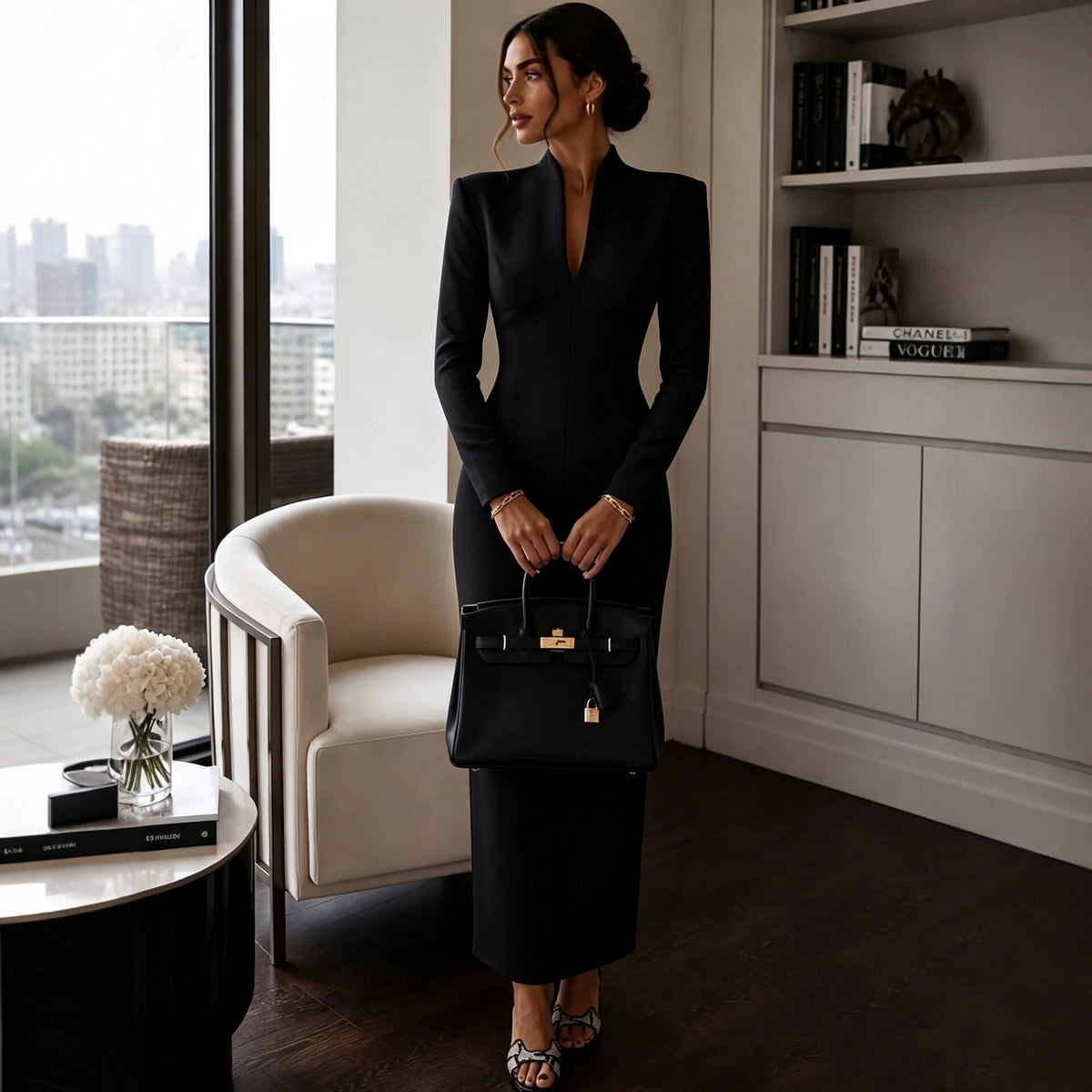 2026 Amazon Independent Station Cross-Border Stand Collar V-Neck Long Sleeve Waist-Cinching Bodycon Dress Gown Light Luxury
