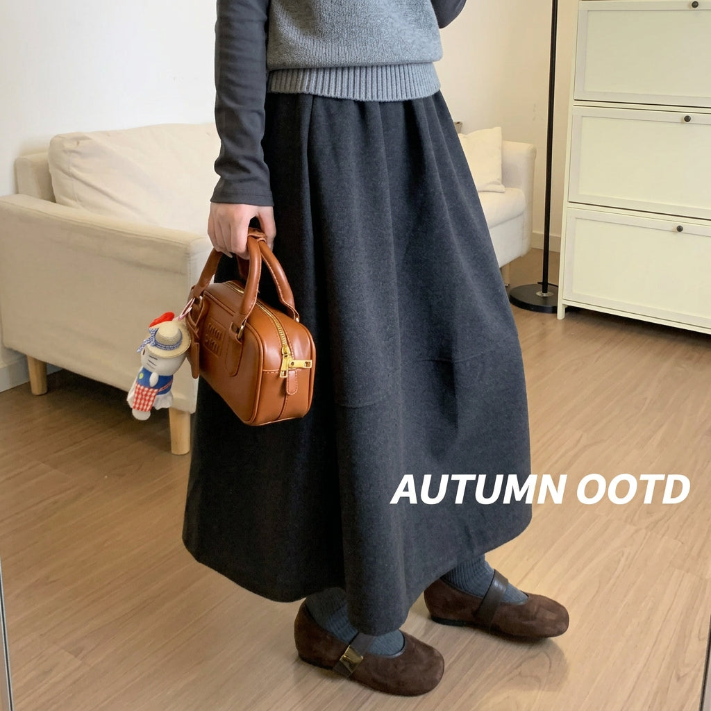 Black Woolen Skirt for Women, Winter 2025 New Style, High-Waisted A-Line, Super Stylish Winter Skirt, Mid-Length Floral Umbrella Skirt