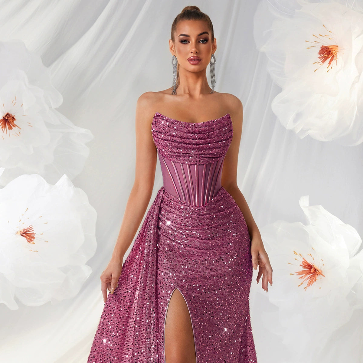 New Sequined Tube Top Slimming Look Evening Dress High Slit Model Catwalk Banquet Accessible Luxury Party Dress