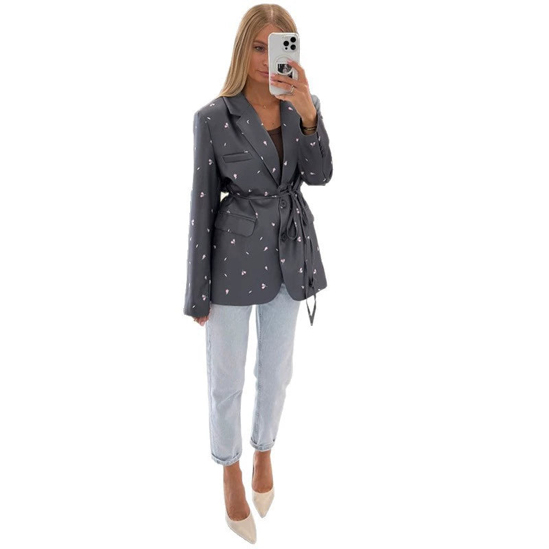 European and American Cross-Border Women's Clothing 2025 New Autum Fashion Sweet Floral Lace-Up Slim Long-Sleeved Suit Jacket Top