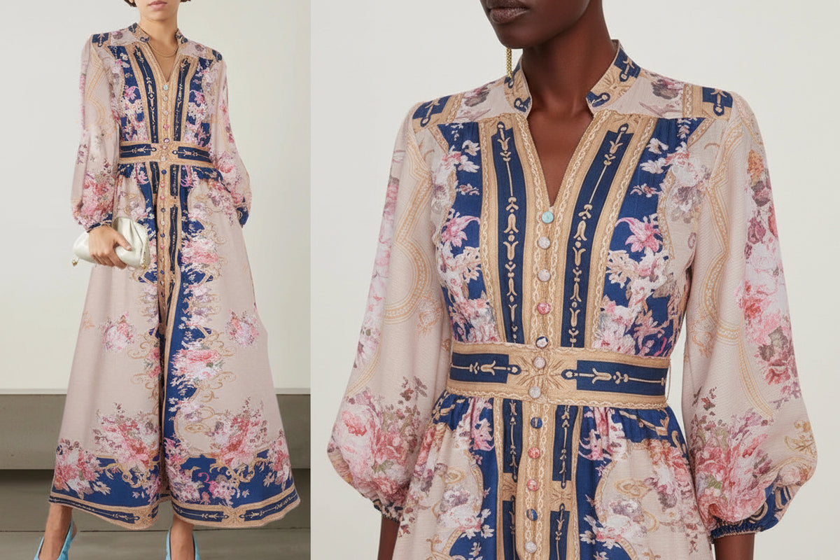 Enchanted 2025 Floral Lantern Sleeve Stand-Up Collar Holiday Midi Dress