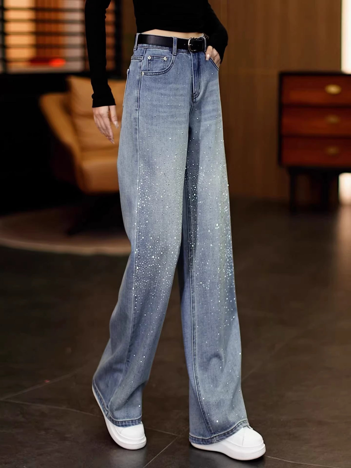 Rhinestone Wide-Leg Jeans for Women, Spring 2026 New Design, Trendy High-Waisted Loose Narrow-Cut Drape Straight Pants