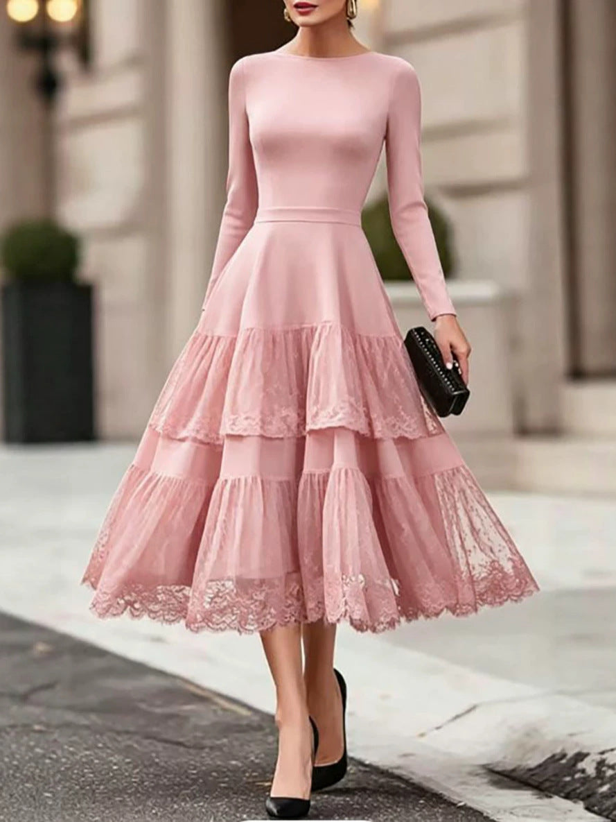 Disney Enchanted 2026 Autumn Collection: Elegant French-Style Mesh Patchwork Long-Sleeve Dress