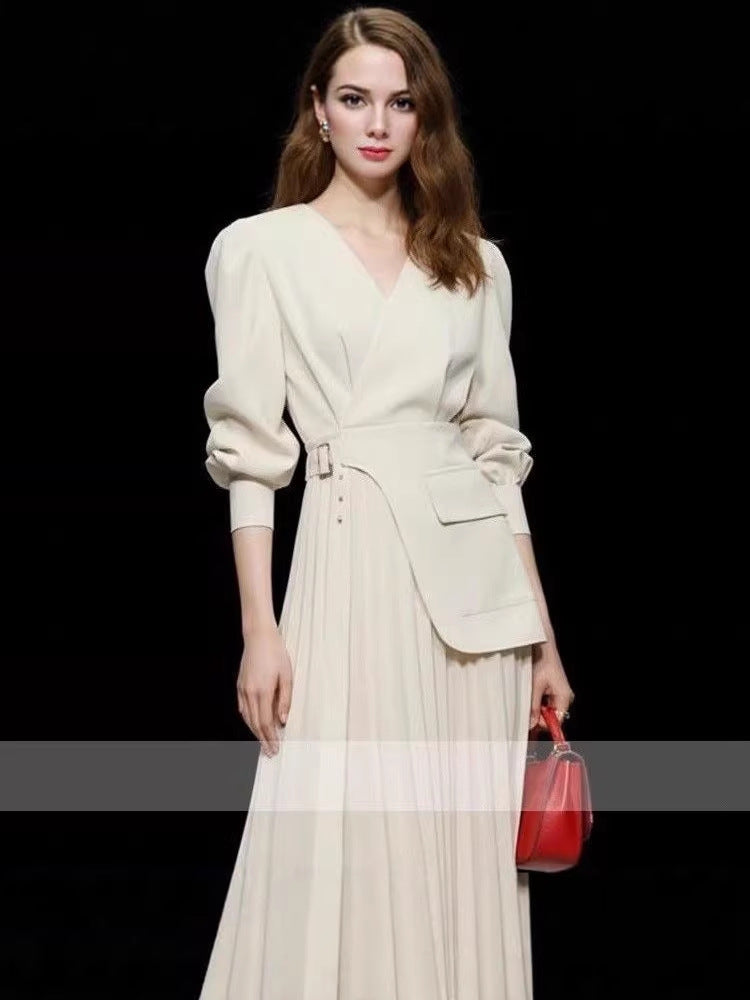 时尚连衣裙女2026早春高级感收腰气质西装通勤灰紫色V领显瘦长裙