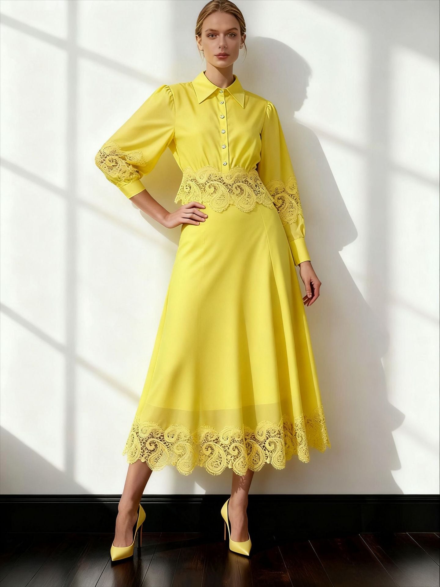 Long-Sleeved Shirt and High-Waisted Skirt Set, Spring and Autumn Solid Color Hollow-Out Patchwork, European and American Niche Designer Style, Elegant and Graceful