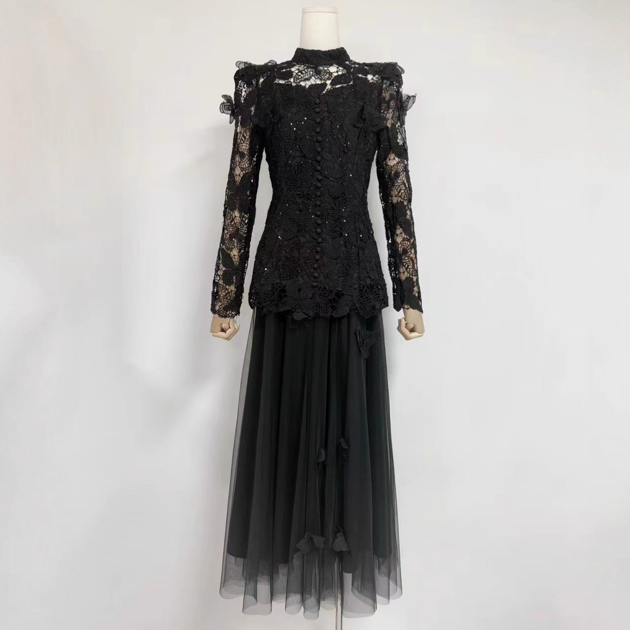 Disney-Inspired Enchanted Lace Ensemble: Elegant Bow-Embroidered Top & Mesh Skirt
