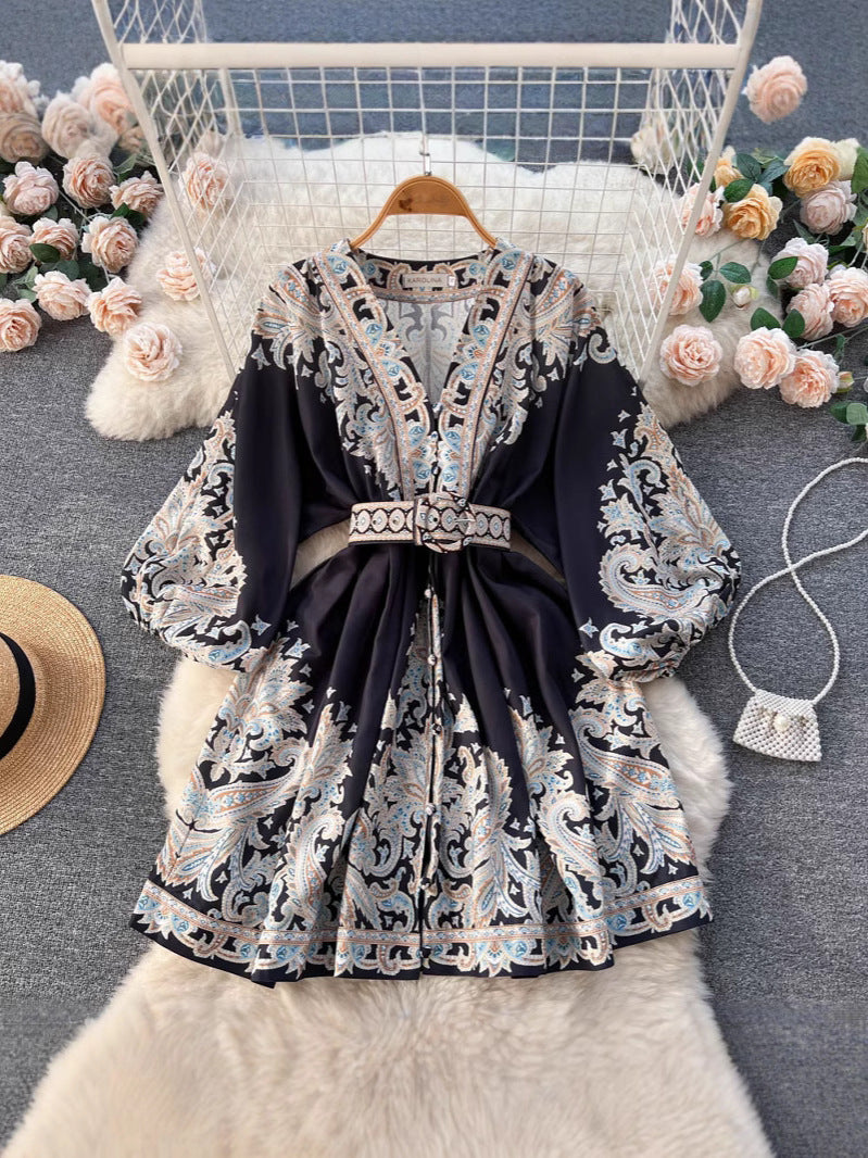 Disney-Inspired French Retro Floral V-Neck Lantern Sleeve Midi Dress