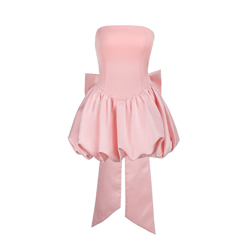 Xy25044 Full-Coverage Tk Hot-Selling Bow-Tie Strapless Dress Short Skirt Sexy Tie-Up Slit Evening Dress for Women