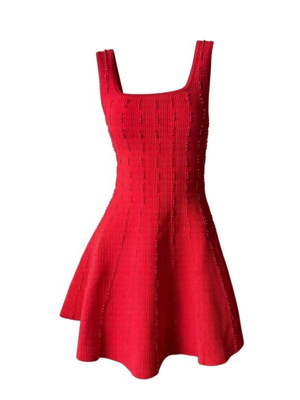 2026 Summer New Style French Women's Fashion Pearl Vertical Texture Waist-Cinching A-Line Skirt Strap Dress