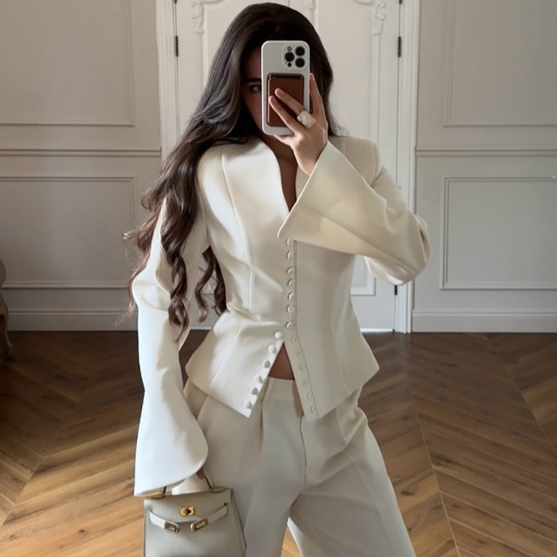 European and American Cross-Border Women's Fashion 2026 Spring New Style Elegant Deep V-Neck Single-Breasted Slim-Fit Short White Blazer Jacket