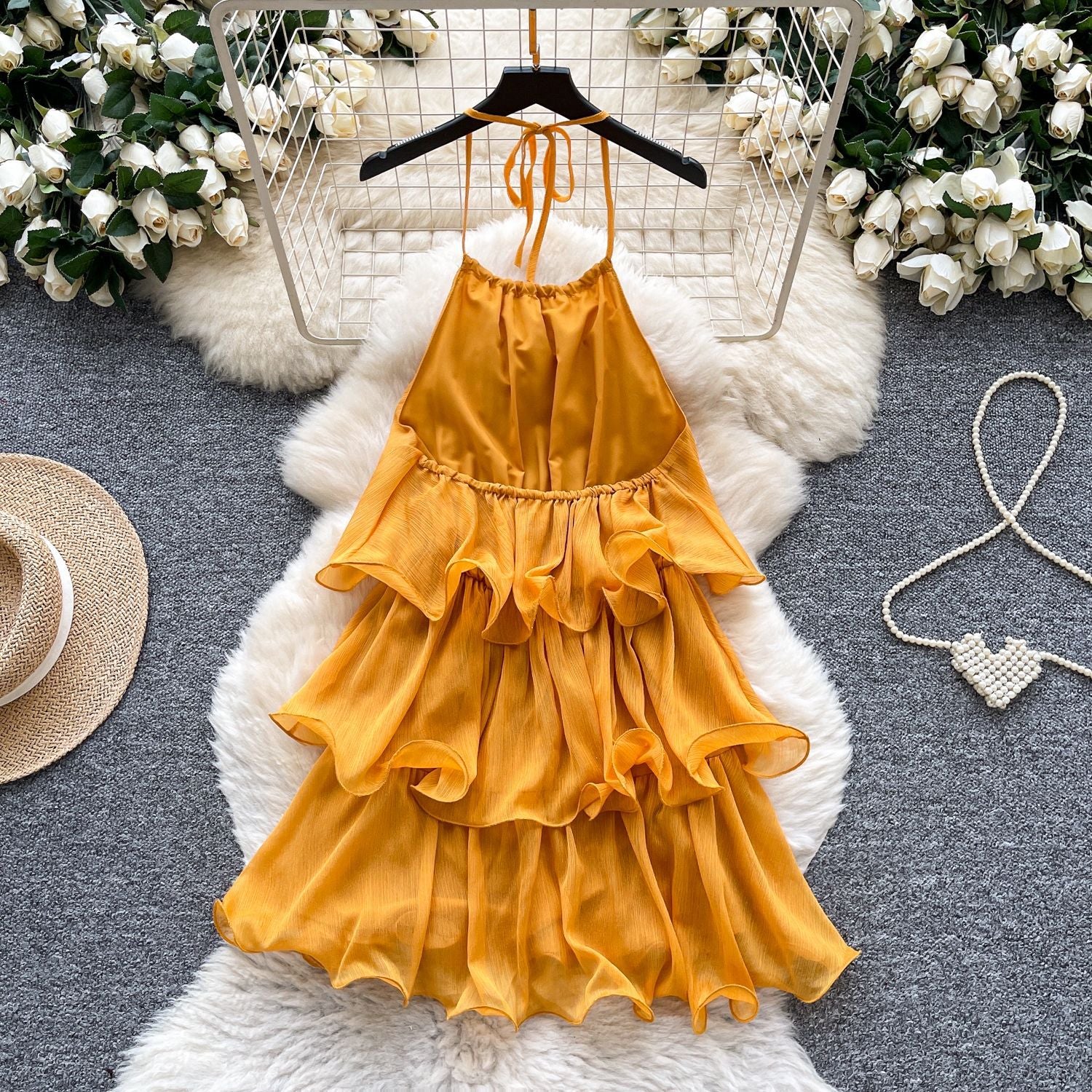 Yellow Dress for Women 2025 Summer French Atmosphere Halterneck Suspender Ruffle Stitching Cake Holiday Skirt