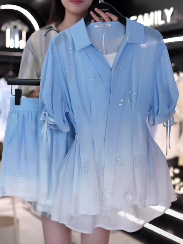 Enchanted French Gradient Waist Shirt: Elegant Disney-Inspired Summer Fashion for Women