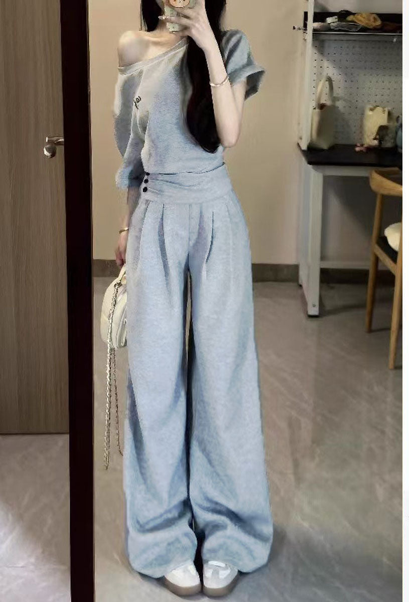 2026 New Korean-Style Gray Casual Sports Suit for Women, Summer Short Waist-Cinching Off-Shoulder Top and Wide-Leg Pants Two-Piece Set