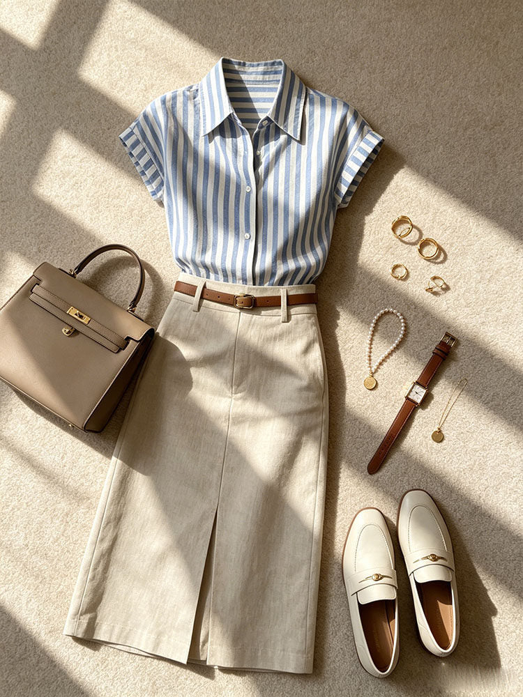 French-Style Striped Shirt and Skirt Set for Women, 2026 Summer New Style, Petite Commuter Professional Outfit Two-Piece Set