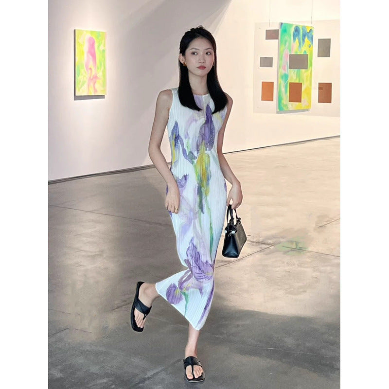 Miyake Dress, Pleated Skirt, Loose and Slimming Look, Ladylike Elegant, Sleeveless Round Neck, High-End Dress, Long Skirt