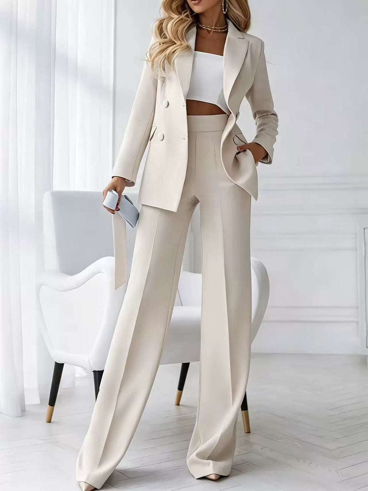 European and American New Style High-End Professional Suit Set with Double-Breasted Lapel, High-Waisted Drapey Wide-Leg Pants, and Elegant Two-Piece Set