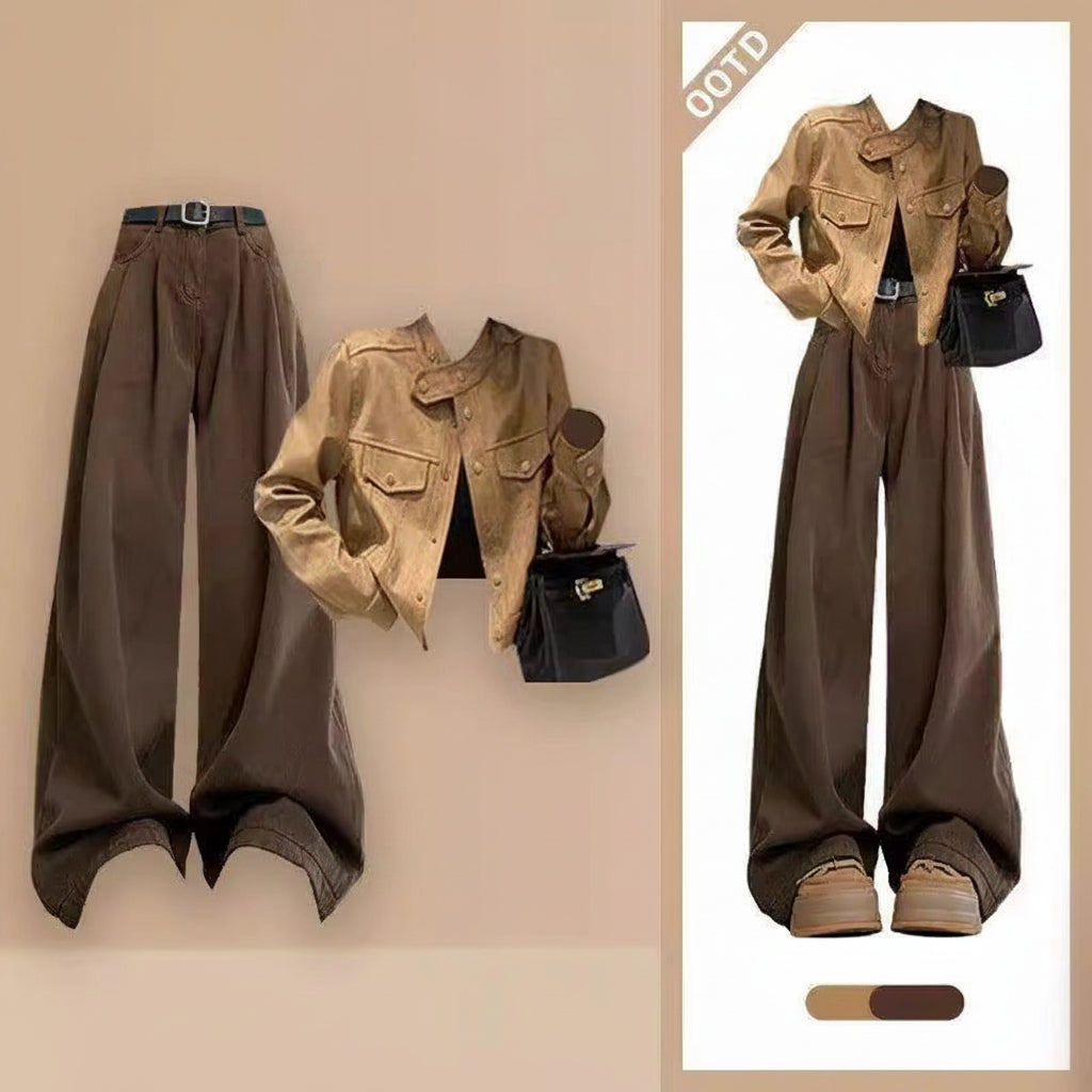 Sweet Cool Spice Girl Wear Women's Spring New High-end Temperament Short Jacket Loose Wide Leg Pants Two-piece Fashionable Set